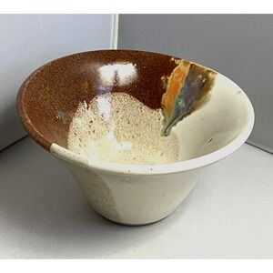 Vintage Studio Art Pottery Bowl Cream Brown Hand Crafted Drip Glaze Round